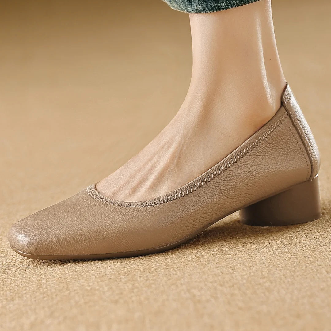 Women's sheepskin square toe slip-on pumps elegant ladies OL style 3cm round low heel daily slim dress heeled shoes for woman