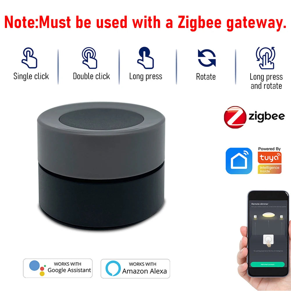 Tuya Zigbee Smart Scene Switch with Knob Dimmer & CCT Control, Wireless Wall Switch, App & Voice Control for Home Automation