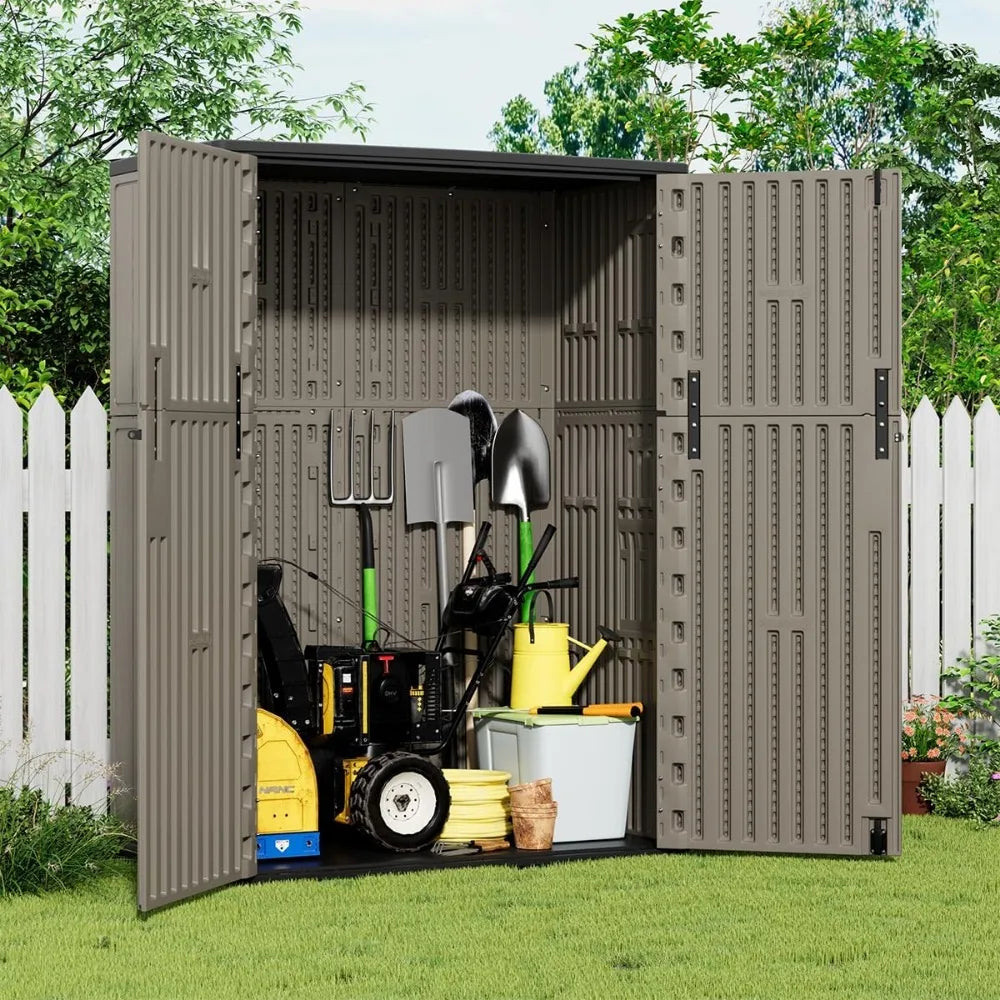 "Vertical Outdoor Storage Cabinet with 57 Cubic Feet Capacity, Waterproof Resin Shed for Patio and Garden Tools"