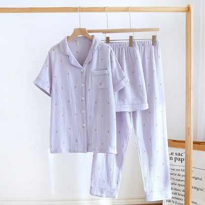 100% Cotton Women's Pajamas Printed Short Sleeve 3 Pieces Set Spring Summer Homewear Night Suit Female Sleepwear Sleep Clothes