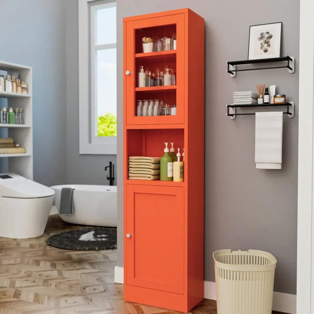 YQXH Orange Metal Storage Cabinet with Glass Door, Metal Locker Storage Cabinet with 3 Adjustable Shelves and 2 Doors