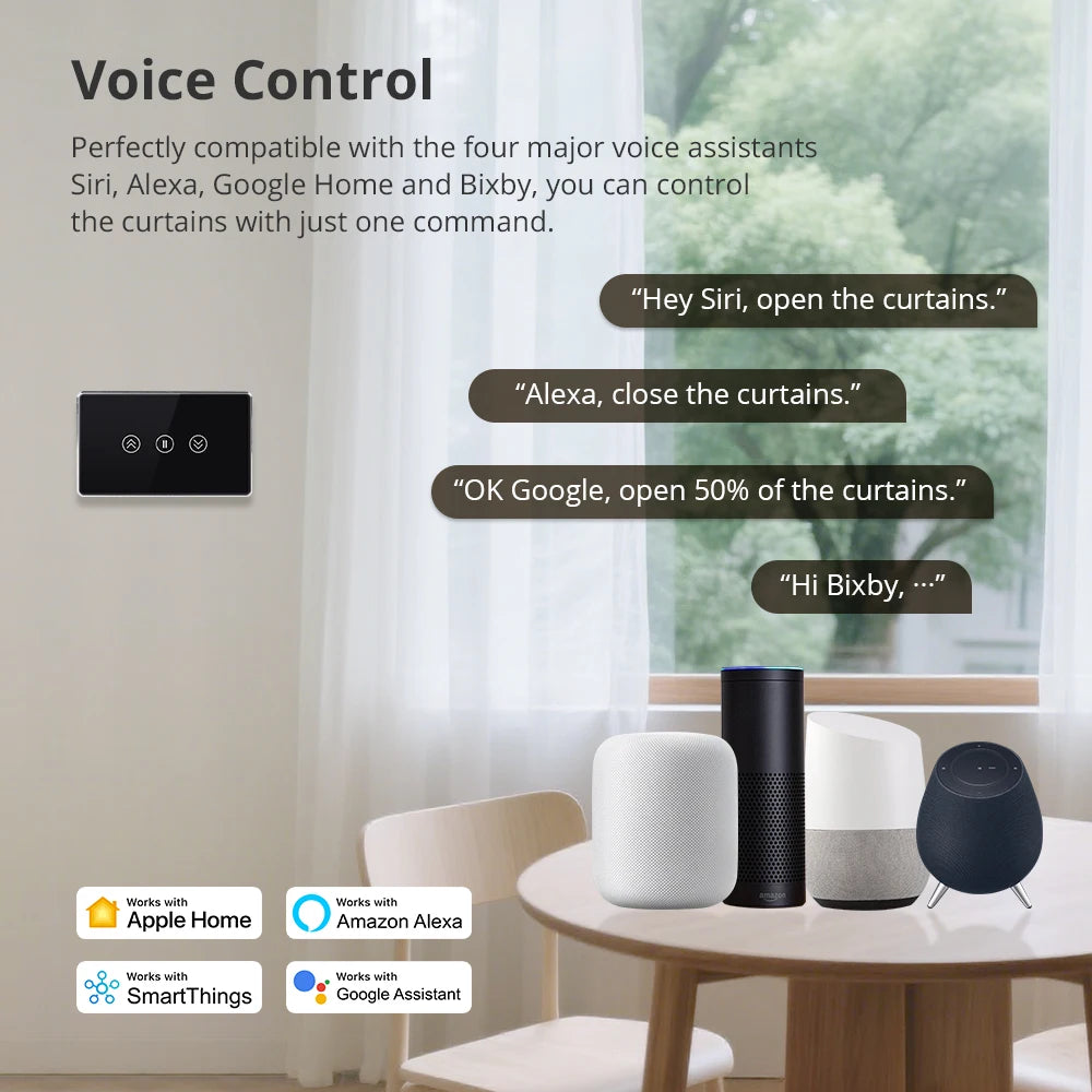 Zemismart Matter WiFi Smart Curtain US Switch Black Wall Mounted Switch Work with Tuya Home kit Google Home SmartThings APP