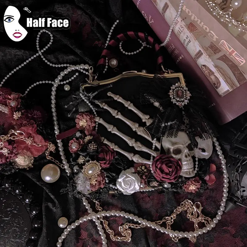 Y2K Girls Harajuku Womens Gothic High Street Punk One Shoulder Flower Marriage Skeleton Cross Underarm Chain Crossbody Bags Tote