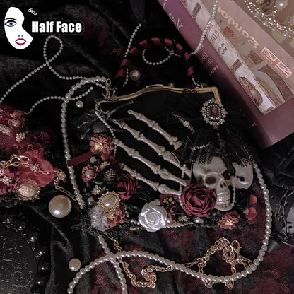 Y2K Girls Harajuku Womens Gothic High Street Punk One Shoulder Flower Marriage Skeleton Cross Underarm Chain Crossbody Bags Tote