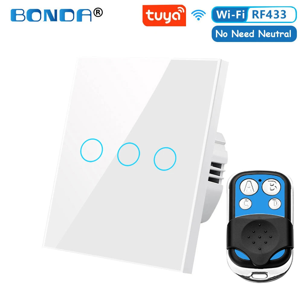 Tuya EU WiFi+RF433 Smart Remote control switch No Neutral Wire Required 1/2/3Gang Light Touch Switch Work with Alexa Google Home