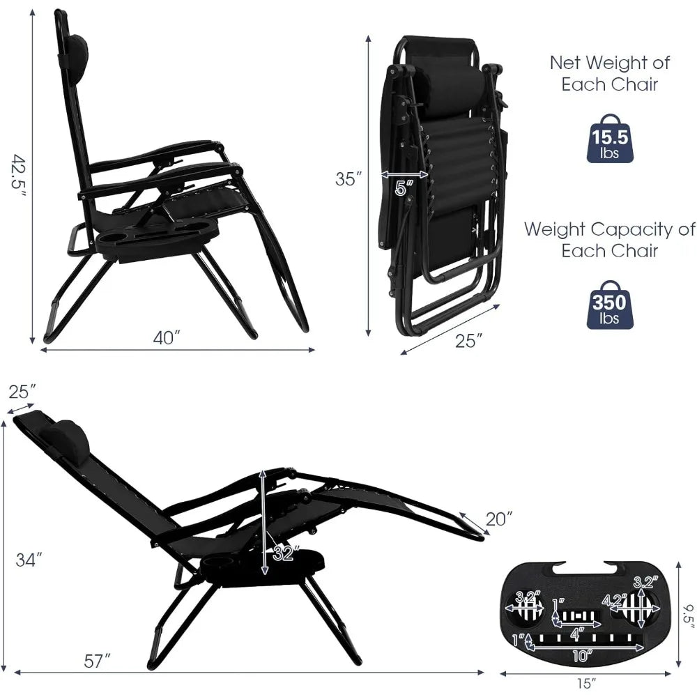 Zero Gravity Lounge Chairs, 160°Adjustable Folding Recliner w/Pillow and Cup Holder, 350LBS Comfy Outdoor Lounge Chairs for Pat