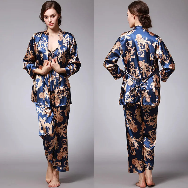 Women's Silk Satin Pajamas Set 3 Pcs Floral Silky Pj Sets Sleepwear Cami Nightwear with Robe and Pant