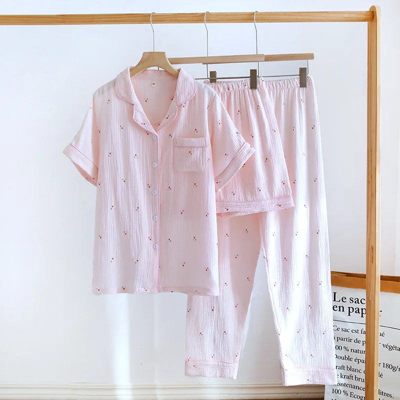 100% Cotton Women's Pajamas Printed Short Sleeve 3 Pieces Set Spring Summer Homewear Night Suit Female Sleepwear Sleep Clothes