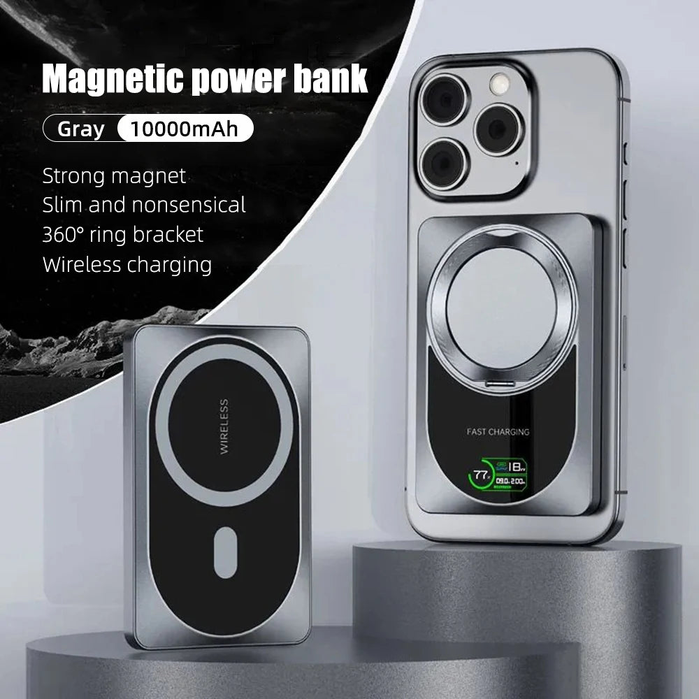 PD20W Magnetic Powerbank TFT Color Screen 10000mah/37Wh With Bracket Aluminum Shell QI 15W Wireless Phone Portable Fast Charging