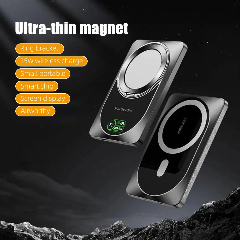 PD20W Magnetic Powerbank TFT Color Screen 10000mah/37Wh With Bracket Aluminum Shell QI 15W Wireless Phone Portable Fast Charging