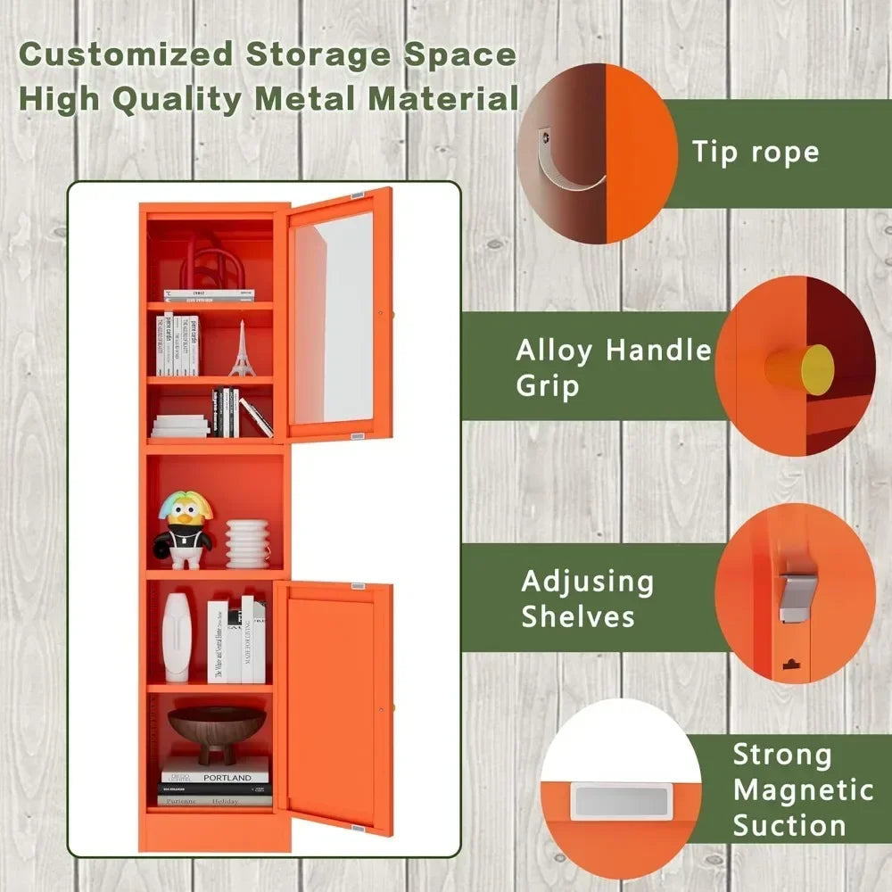 YQXH Orange Metal Storage Cabinet with Glass Door, Metal Locker Storage Cabinet with 3 Adjustable Shelves and 2 Doors