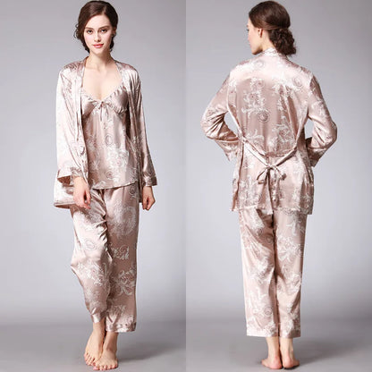 Women's Silk Satin Pajamas Set 3 Pcs Floral Silky Pj Sets Sleepwear Cami Nightwear with Robe and Pant