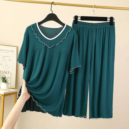 Women's Pajamas Set New V Neck Short Sleeve Capri Pants Suit Modal Casual Sleep Wear Home Clothing Night Pijamas Sets Female