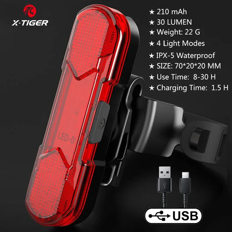X-TIGER Bicycle Tail Light Waterproof Mountain Bike Tail Light USB Charging LED Bicycle Flashing Tail Light Safety Warning Light