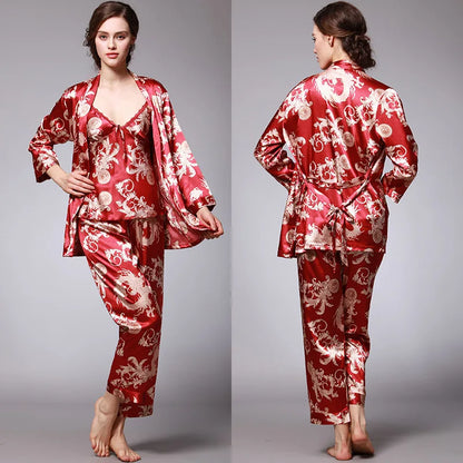 Women's Silk Satin Pajamas Set 3 Pcs Floral Silky Pj Sets Sleepwear Cami Nightwear with Robe and Pant