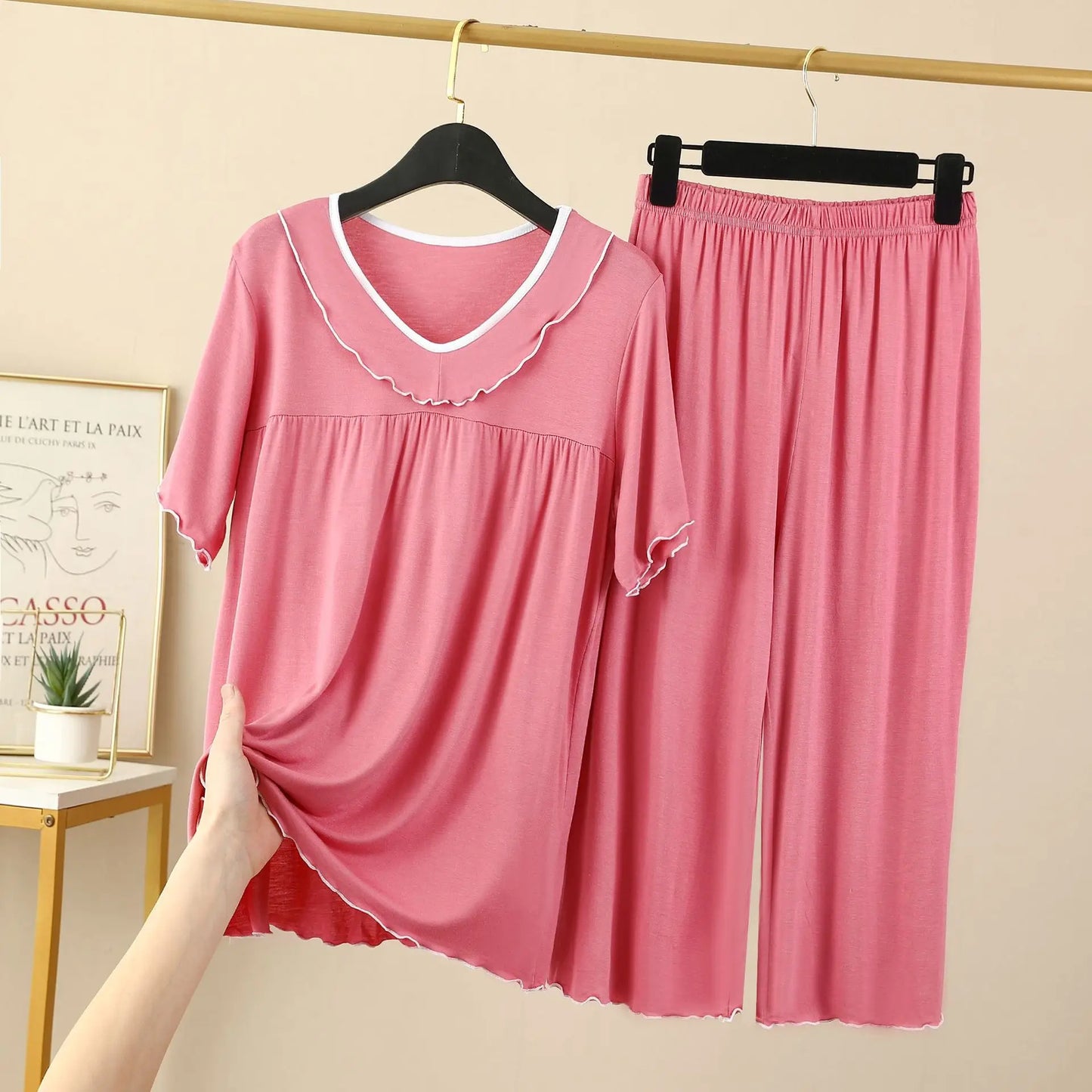 Women's Pajamas Set New V Neck Short Sleeve Capri Pants Suit Modal Casual Sleep Wear Home Clothing Night Pijamas Sets Female