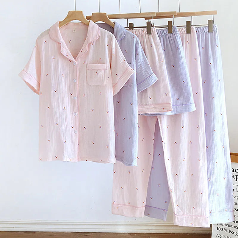 100% Cotton Women's Pajamas Printed Short Sleeve 3 Pieces Set Spring Summer Homewear Night Suit Female Sleepwear Sleep Clothes