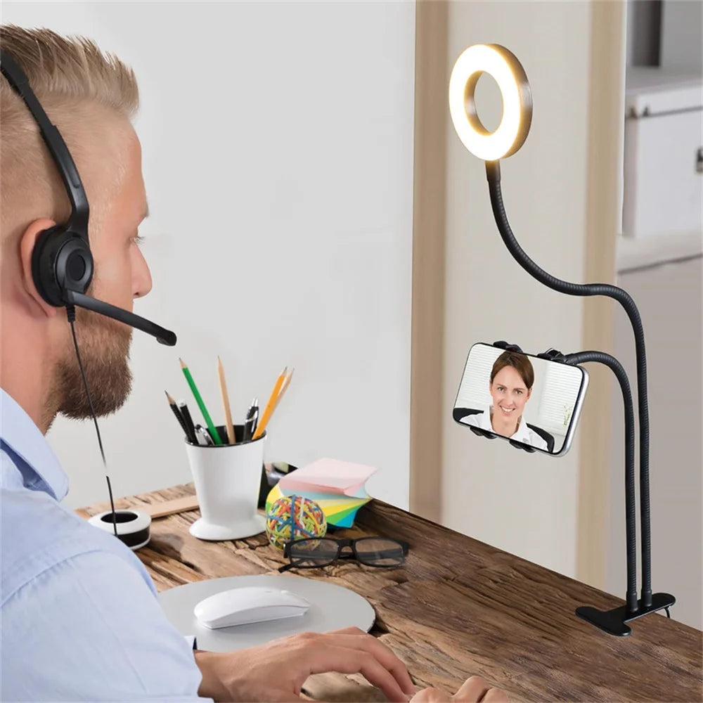 Universal Flexible Mobile Phone Holder with Selfie Ring Light Office Lazy Bracket Desk Lamp LED Light for Live Stream Fill light