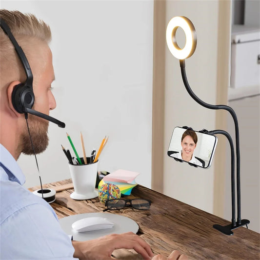 Universal Flexible Mobile Phone Holder with Selfie Ring Light Office Lazy Bracket Desk Lamp LED Light for Live Stream Fill light