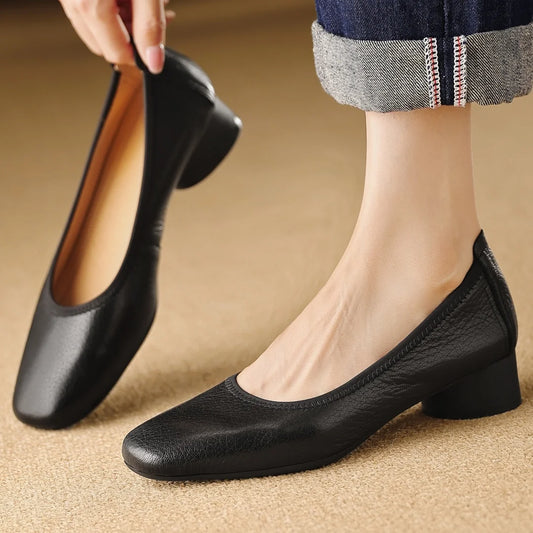 Women's sheepskin square toe slip-on pumps elegant ladies OL style 3cm round low heel daily slim dress heeled shoes for woman