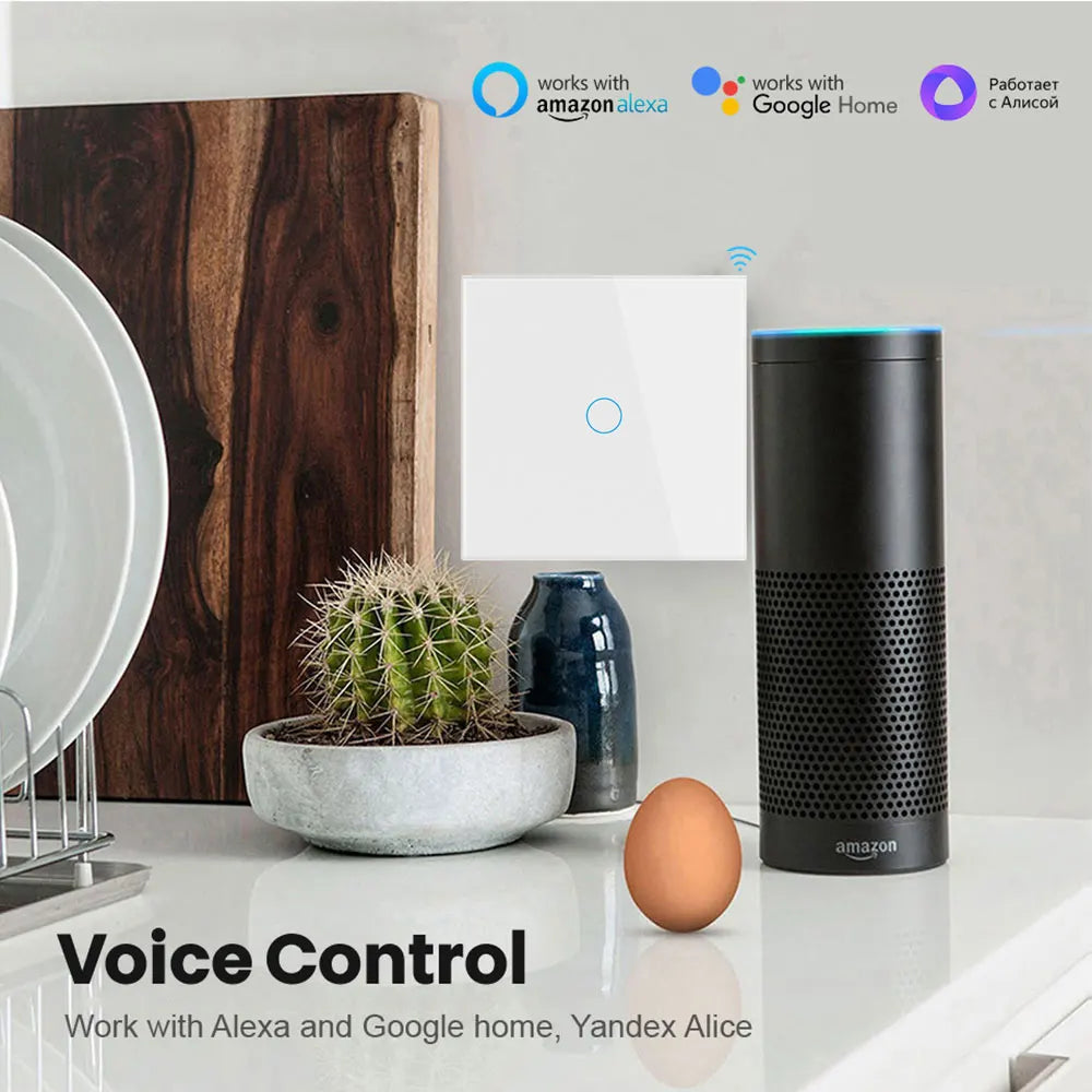 Tuya EU WiFi+RF433 Smart Remote control switch No Neutral Wire Required 1/2/3Gang Light Touch Switch Work with Alexa Google Home