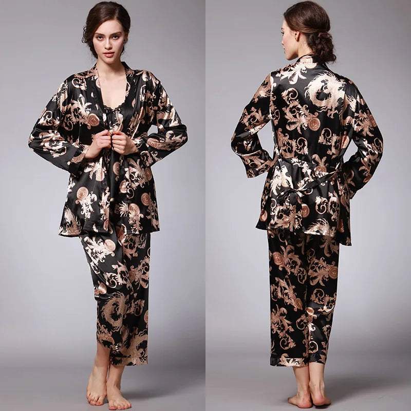 Women's Silk Satin Pajamas Set 3 Pcs Floral Silky Pj Sets Sleepwear Cami Nightwear with Robe and Pant