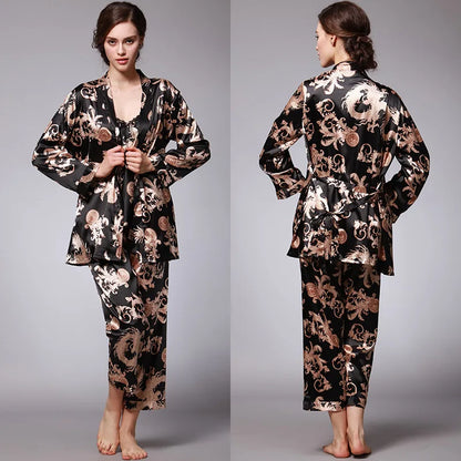 Women's Silk Satin Pajamas Set 3 Pcs Floral Silky Pj Sets Sleepwear Cami Nightwear with Robe and Pant