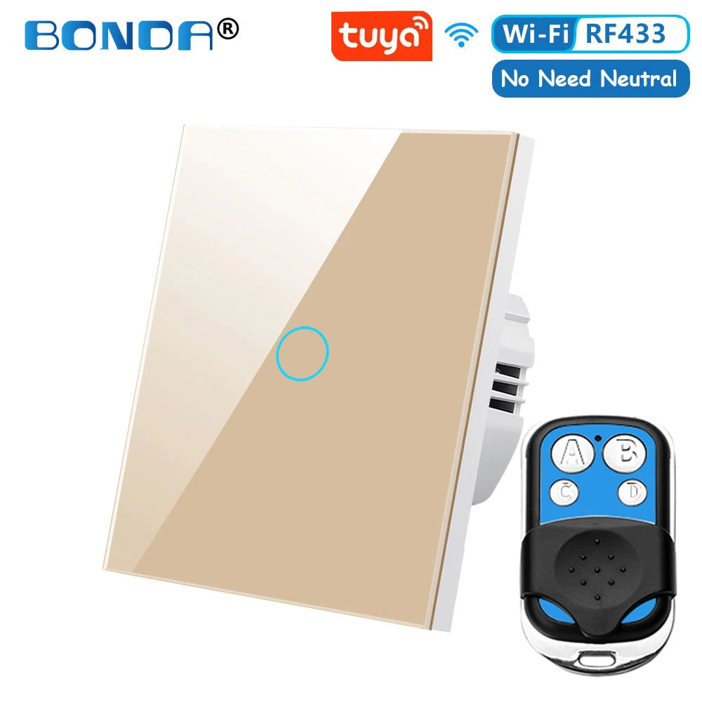 Tuya EU WiFi+RF433 Smart Remote control switch No Neutral Wire Required 1/2/3Gang Light Touch Switch Work with Alexa Google Home