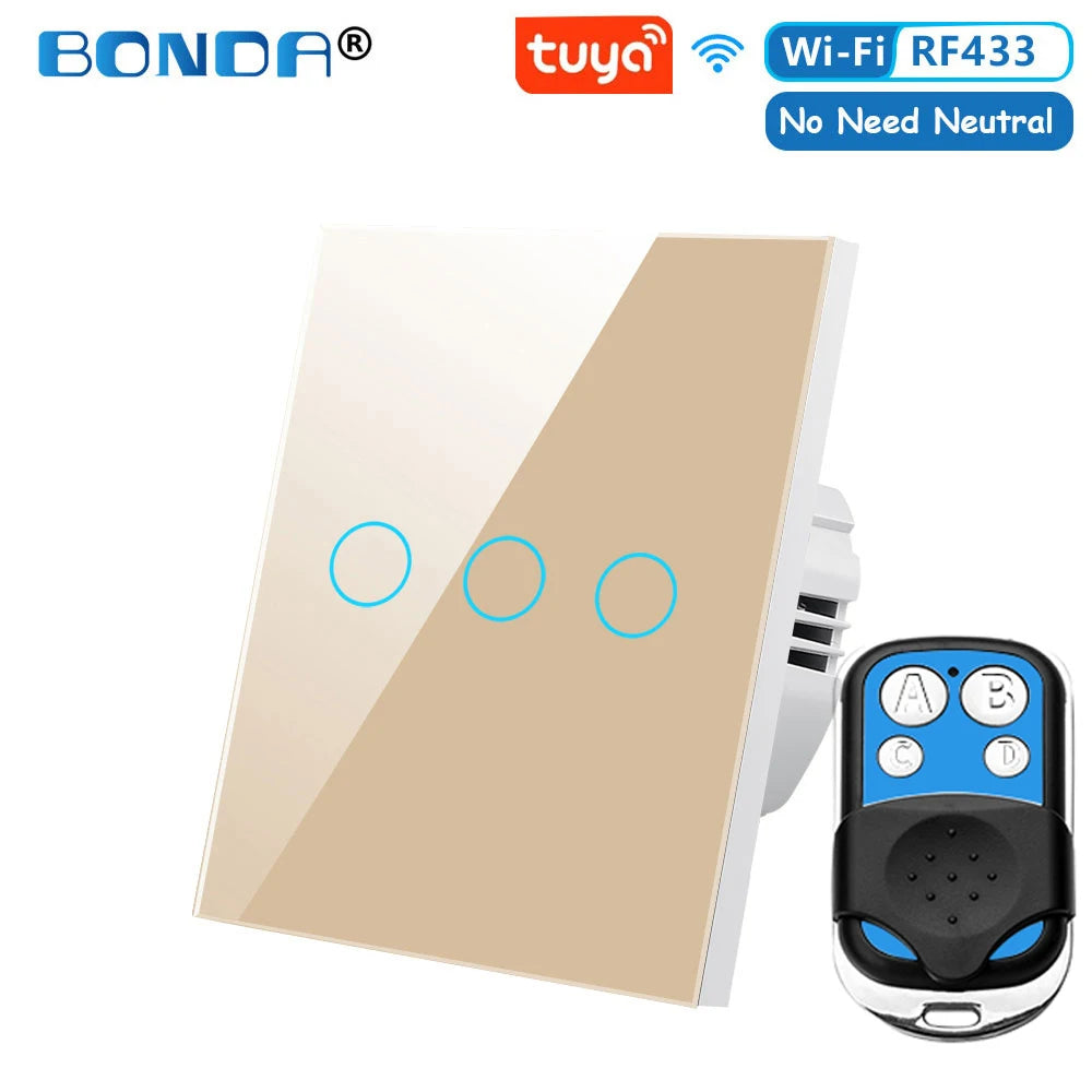 Tuya EU WiFi+RF433 Smart Remote control switch No Neutral Wire Required 1/2/3Gang Light Touch Switch Work with Alexa Google Home