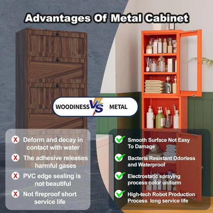 YQXH Orange Metal Storage Cabinet with Glass Door, Metal Locker Storage Cabinet with 3 Adjustable Shelves and 2 Doors