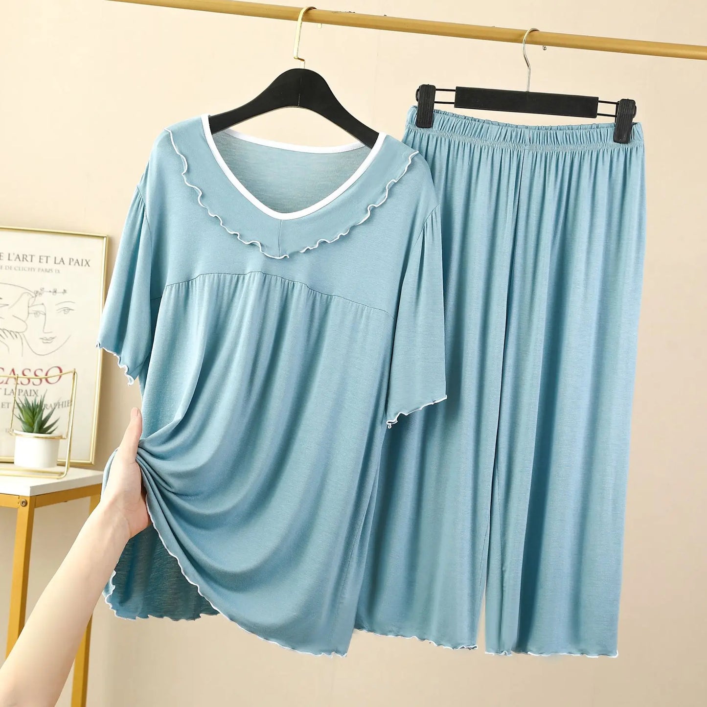 Women's Pajamas Set New V Neck Short Sleeve Capri Pants Suit Modal Casual Sleep Wear Home Clothing Night Pijamas Sets Female