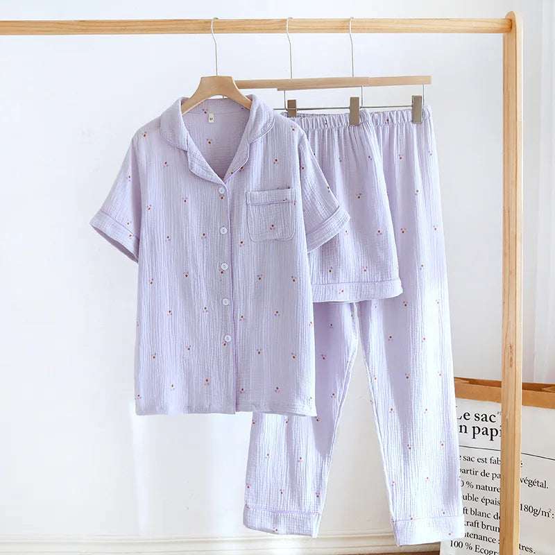 100% Cotton Women's Pajamas Printed Short Sleeve 3 Pieces Set Spring Summer Homewear Night Suit Female Sleepwear Sleep Clothes