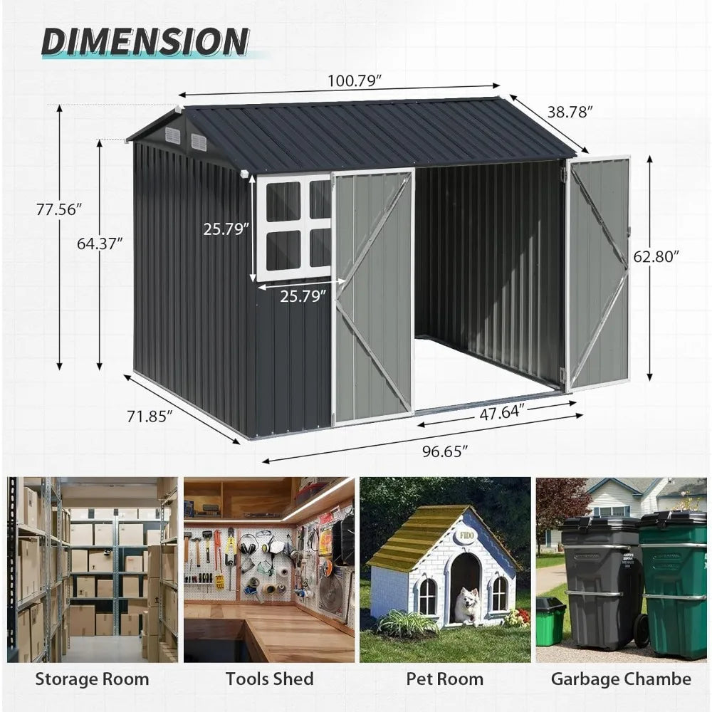 8x6FT Outdoor Storage Shed, Galvanized Steel Metal Garden Shed with Large Window, Lockable Double Door, Outdoor Tool Shed for B