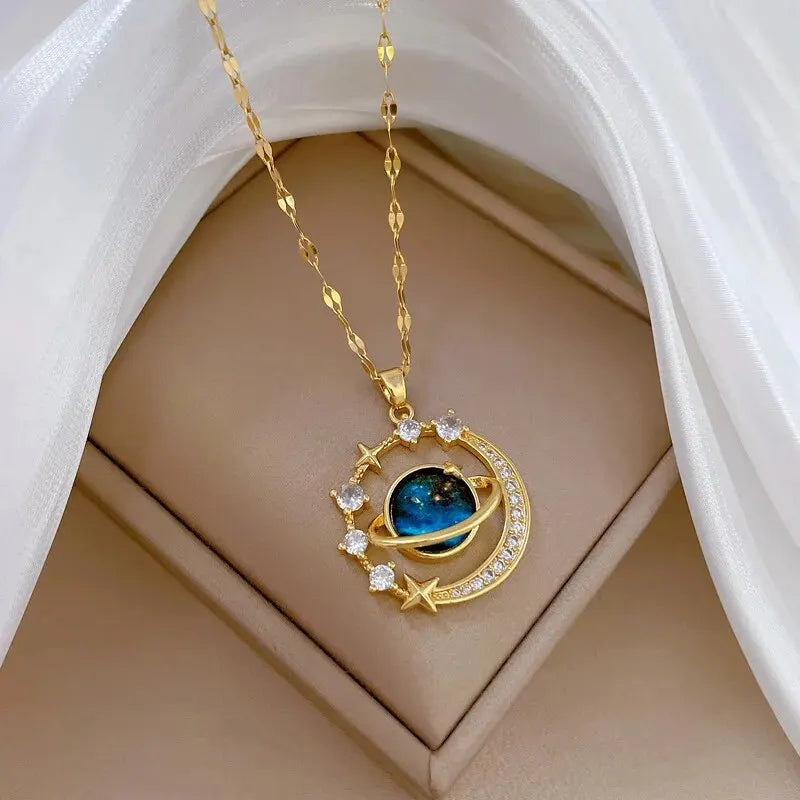 Y2K Starry Sky Planet Light Luxurious Temperament Gorgeous Necklace Star and Moon Versatile Stainless Steel Clavicle Chain