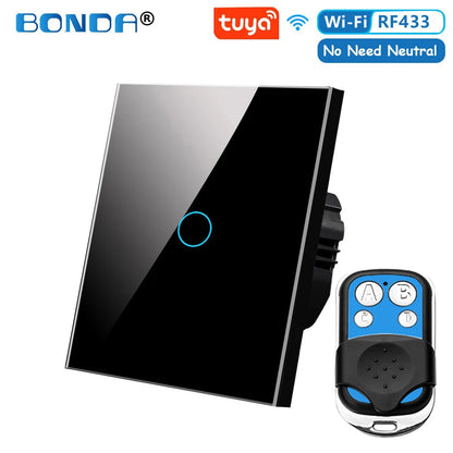 Tuya EU WiFi+RF433 Smart Remote control switch No Neutral Wire Required 1/2/3Gang Light Touch Switch Work with Alexa Google Home