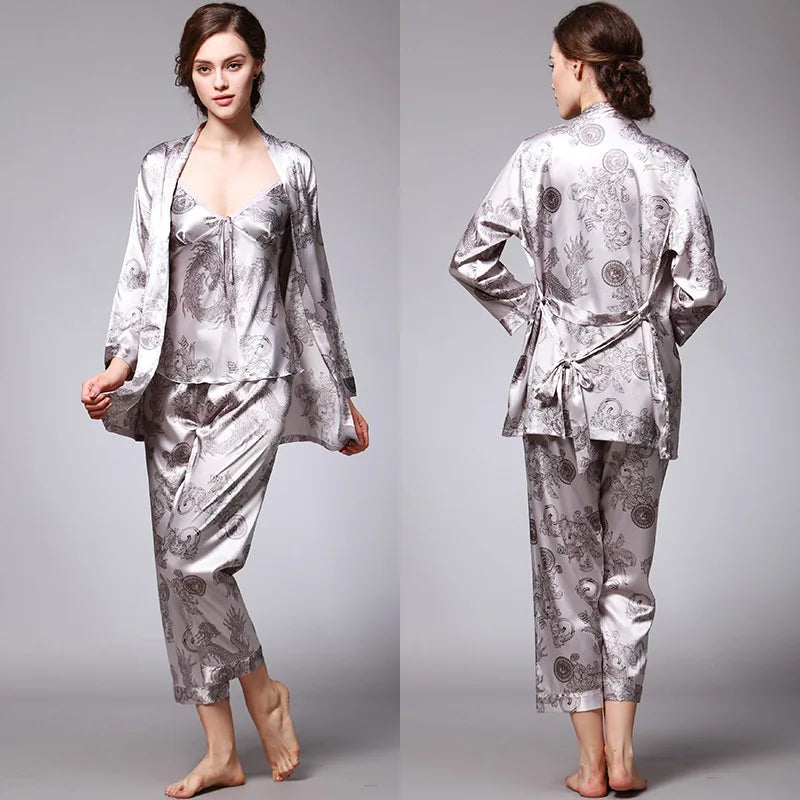 Women's Silk Satin Pajamas Set 3 Pcs Floral Silky Pj Sets Sleepwear Cami Nightwear with Robe and Pant