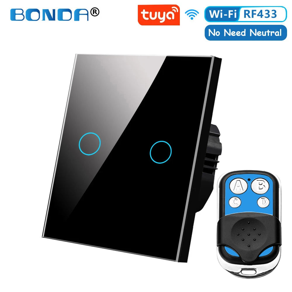 Tuya EU WiFi+RF433 Smart Remote control switch No Neutral Wire Required 1/2/3Gang Light Touch Switch Work with Alexa Google Home