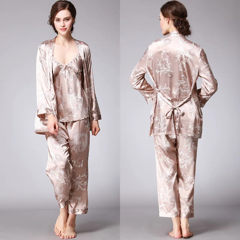 Women's Silk Satin Pajamas Set 3 Pcs Floral Silky Pj Sets Sleepwear Cami Nightwear with Robe and Pant