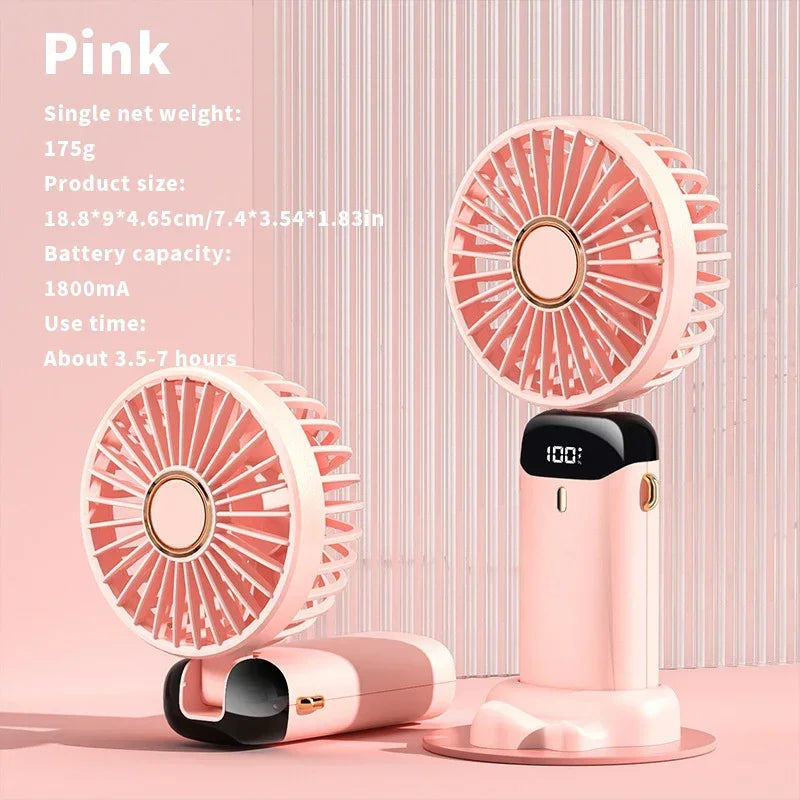 Handheld Mini Fan Foldable Portable Neck Hanging Fans 5 Speed USB Rechargeable Fan with Phone Stand and Display Screen 1800mAh
