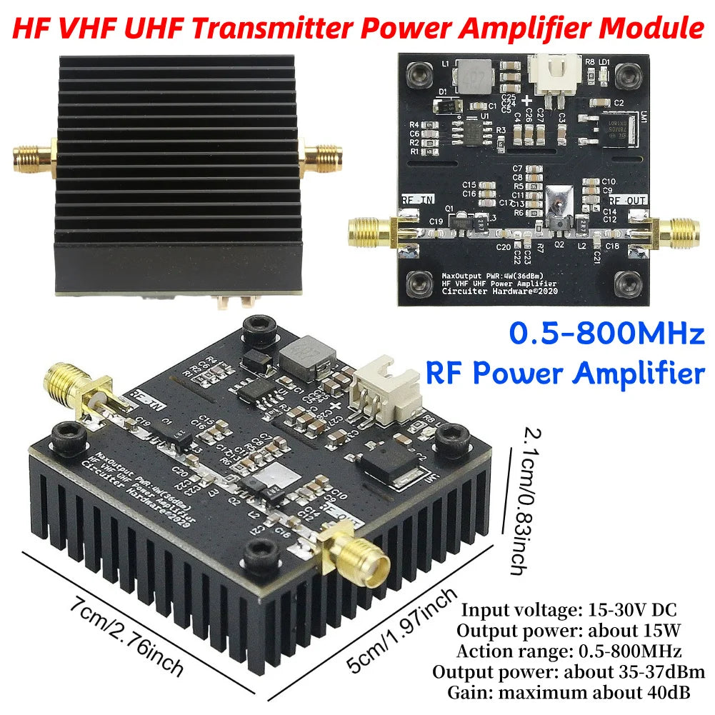 0.5-800MHz 40dB High Gain VHF UHF RF Power Amplifier HF VHF Transmitter Power Amplifier Module for Ham Radio Transmitter Systems