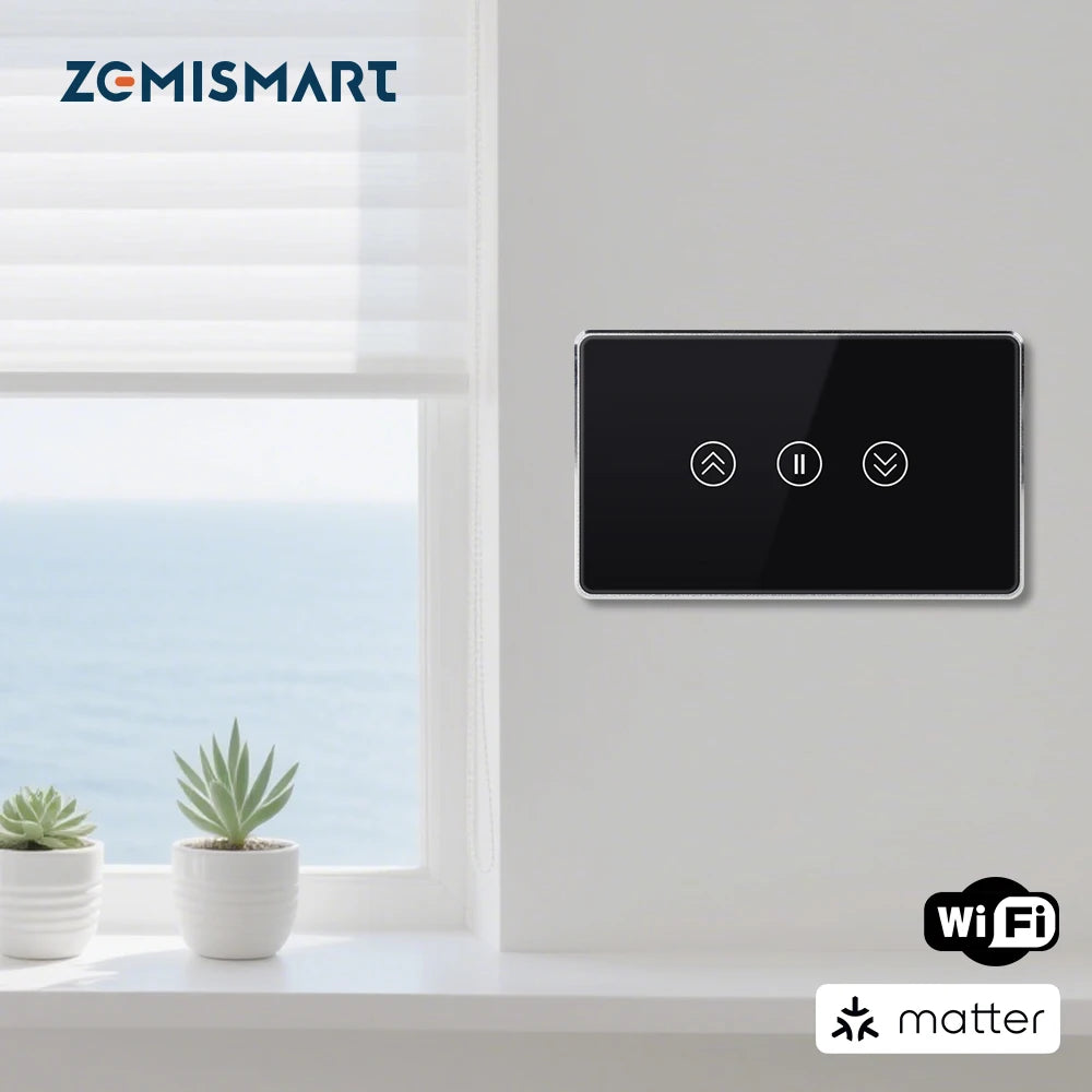 Zemismart Matter WiFi Smart Curtain US Switch Black Wall Mounted Switch Work with Tuya Home kit Google Home SmartThings APP