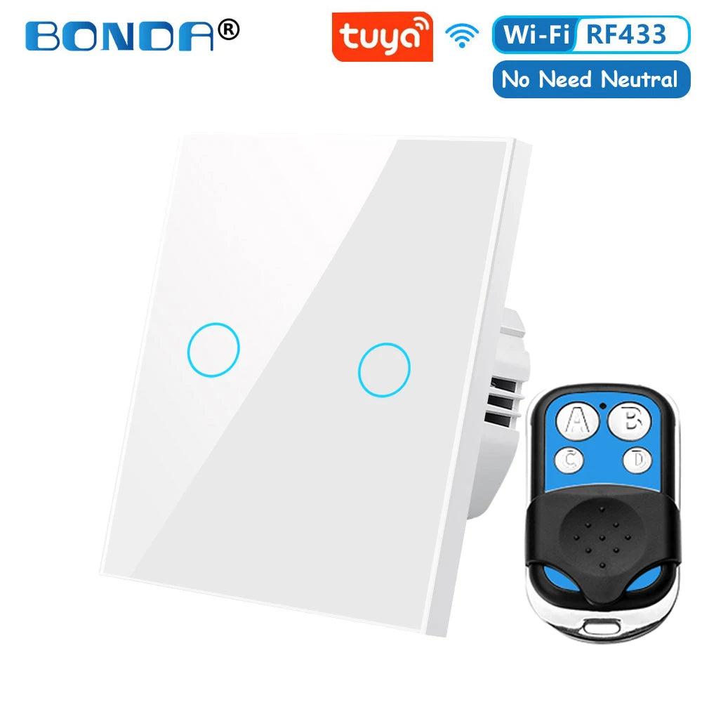 Tuya EU WiFi+RF433 Smart Remote control switch No Neutral Wire Required 1/2/3Gang Light Touch Switch Work with Alexa Google Home