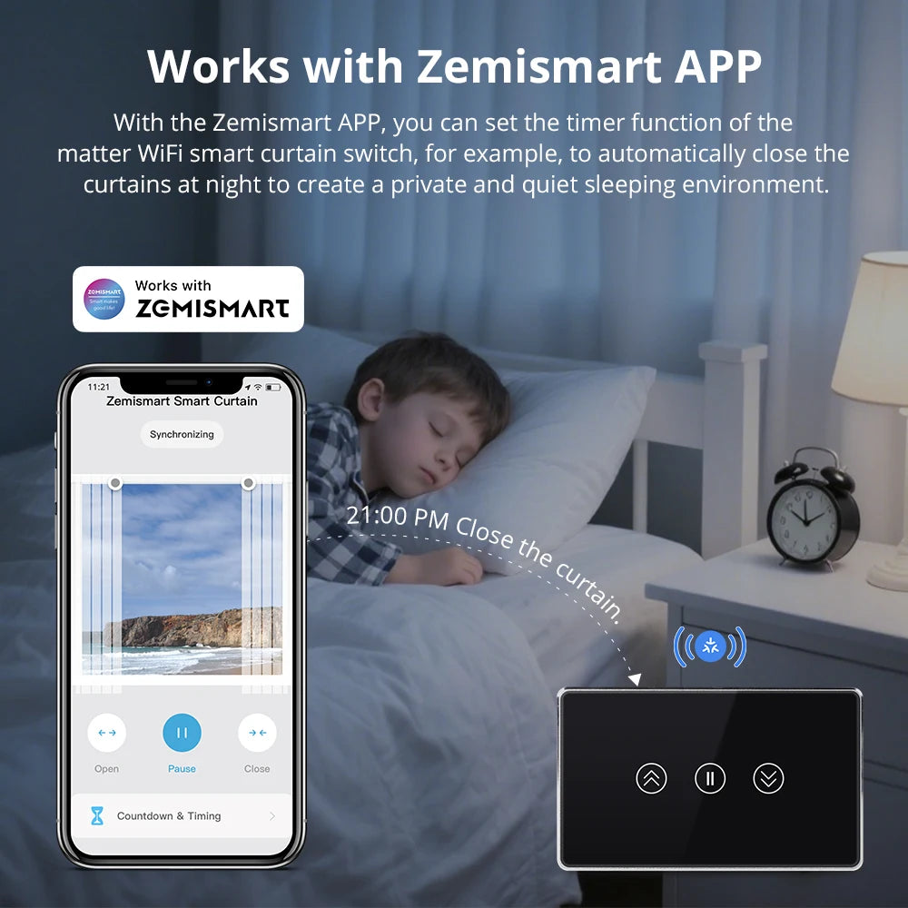 Zemismart Matter WiFi Smart Curtain US Switch Black Wall Mounted Switch Work with Tuya Home kit Google Home SmartThings APP