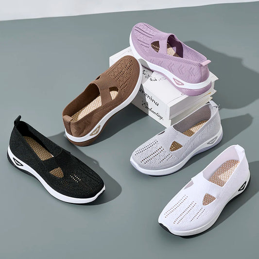 Women Sneaker Mesh Breathable Causal Women Shoes Antislip Flat Knitted Shoes Soft Bottom Slip On Tennis Shoes