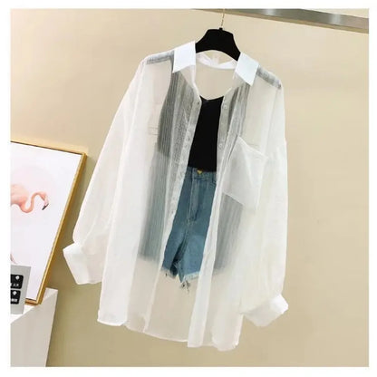 Summer Sunscreen Shirt Elegant Perspective Thin Chiffon Blouse Korean Harajuku See Through Loose Top Casual Women's Cardigan