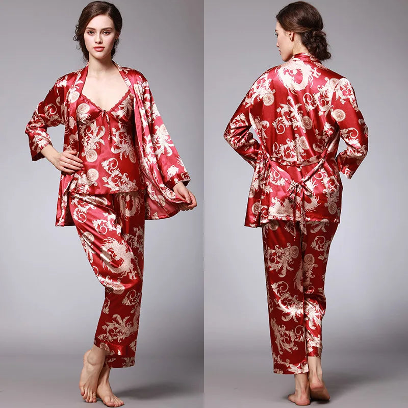 Women's Silk Satin Pajamas Set 3 Pcs Floral Silky Pj Sets Sleepwear Cami Nightwear with Robe and Pant