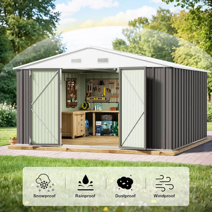 "10x10 Foot Outdoor Storage Shed - Large Grey Metal Garden and Tool Shed for Backyard Patio Lawn"