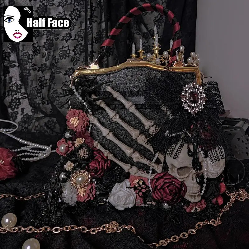Y2K Girls Harajuku Womens Gothic High Street Punk One Shoulder Flower Marriage Skeleton Cross Underarm Chain Crossbody Bags Tote