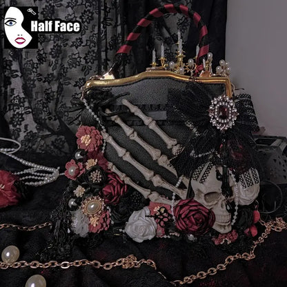 Y2K Girls Harajuku Womens Gothic High Street Punk One Shoulder Flower Marriage Skeleton Cross Underarm Chain Crossbody Bags Tote