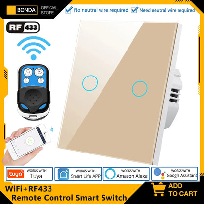 Tuya EU WiFi+RF433 Smart Remote control switch No Neutral Wire Required 1/2/3Gang Light Touch Switch Work with Alexa Google Home